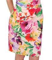 Adrianna Papell Petite Size Scuba Floral Print One Shoulder Neck Sleeveless Sheath Midi Dress
