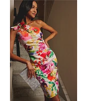Adrianna Papell Petite Size Scuba Floral Print One Shoulder Neck Sleeveless Sheath Midi Dress