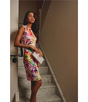 Adrianna Papell Petite Size Scuba Floral Print One Shoulder Neck Sleeveless Sheath Midi Dress