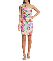 Adrianna Papell Petite Size Scuba Floral Print One Shoulder Neck Sleeveless Sheath Midi Dress