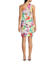 Adrianna Papell Petite Size Scuba Floral Print One Shoulder Neck Sleeveless Sheath Midi Dress