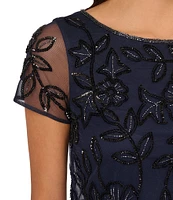Adrianna Papell Petite Size Short Sleeve Boat Neck Bead Blouson Gown