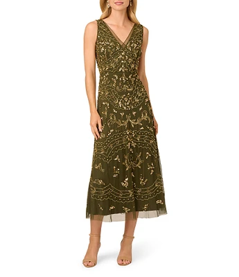 Adrianna Papell Petite Size V-Neck Beaded Midi Dress