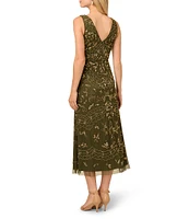 Adrianna Papell Petite Size V-Neck Beaded Midi Dress