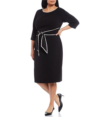 Adrianna Papell Plus Size Crew Neck 3/4 Sleeve Crepe Tie Waist Sheath Dress