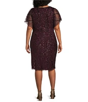 Adrianna Papell Plus Size Beaded Mesh V-Neck Dolman Sleeve Sheath Dress