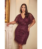 Adrianna Papell Plus Size Beaded Mesh V-Neck Dolman Sleeve Sheath Dress