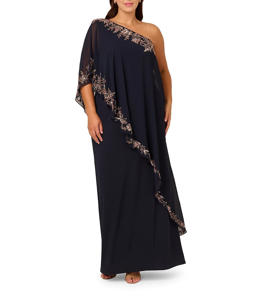 Adrianna Papell Plus Size Chiffon One Shoulder Short Sleeve Asymmetrical Beaded Trim Overlay Sheath Gown