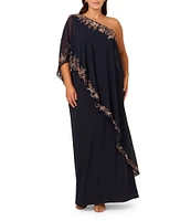 Adrianna Papell Plus Size Chiffon One Shoulder Short Sleeve Asymmetrical Beaded Trim Overlay Sheath Gown