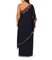 Adrianna Papell Plus Size Chiffon One Shoulder Short Sleeve Asymmetrical Beaded Trim Overlay Sheath Gown