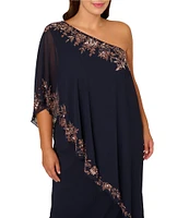 Adrianna Papell Plus Size Chiffon One Shoulder Short Sleeve Asymmetrical Beaded Trim Overlay Sheath Gown