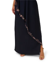 Adrianna Papell Plus Size Chiffon One Shoulder Short Sleeve Asymmetrical Beaded Trim Overlay Sheath Gown