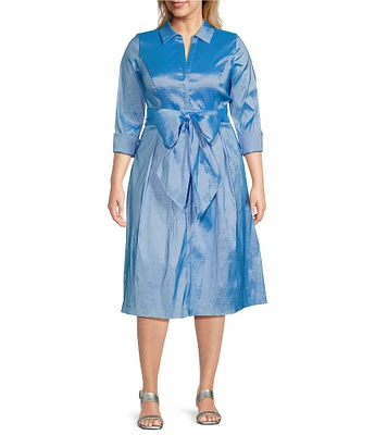 Adrianna Papell Plus Size Collared 3/4 Sleeve Taffeta Midi Shirt Dress