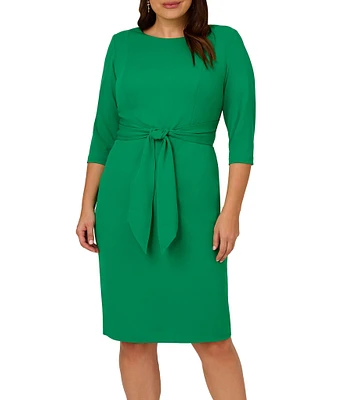 Adrianna Papell Plus Size Crepe Knit Tie Waist 3/4 Sleeve Round Neck Sheath Dress