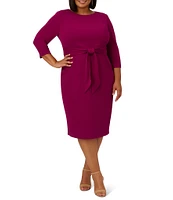 Adrianna Papell Plus Size Crepe Knit Tie Waist 3/4 Sleeve Round Neck Sheath Dress
