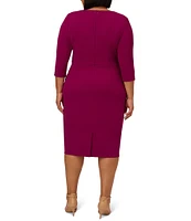 Adrianna Papell Plus Size Crepe Knit Tie Waist 3/4 Sleeve Round Neck Sheath Dress