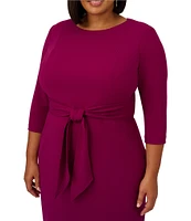 Adrianna Papell Plus Size Crepe Knit Tie Waist 3/4 Sleeve Round Neck Sheath Dress