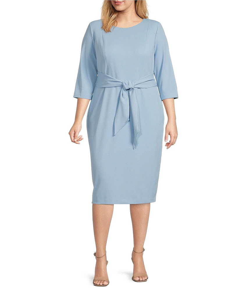 Adrianna Papell Plus Size Crepe Knit Tie Waist 3/4 Sleeve Round Neck Sheath Dress