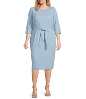 Adrianna Papell Plus Size Crepe Knit Tie Waist 3/4 Sleeve Round Neck Sheath Dress
