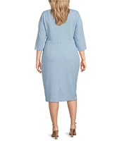 Adrianna Papell Plus Size Crepe Knit Tie Waist 3/4 Sleeve Round Neck Sheath Dress