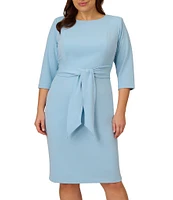 Adrianna Papell Plus Size Crepe Knit Tie Waist 3/4 Sleeve Round Neck Sheath Dress
