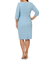 Adrianna Papell Plus Size Crepe Knit Tie Waist 3/4 Sleeve Round Neck Sheath Dress