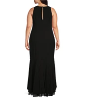 Adrianna Papell Plus Size Crew Neck Sleeveless Cascading Ruffle High-Low Dress