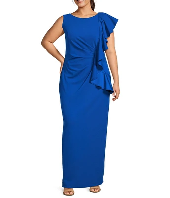 Adrianna Papell Plus Size Crew Neck Sleeveless Crepe Side Ruffle Gown