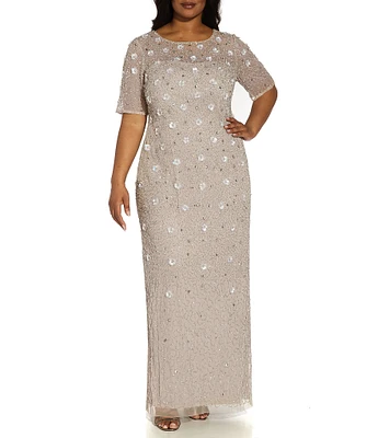 Adrianna Papell Plus Size 3D Floral Beaded Mesh Round Neck Short Sleeve Gown