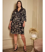 Adrianna Papell Plus Size Floral Print Velvet Surplice V-Neck 3/4 Sleeve Blazer Dress