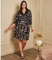 Adrianna Papell Plus Size Floral Print Velvet Surplice V-Neck 3/4 Sleeve Blazer Dress