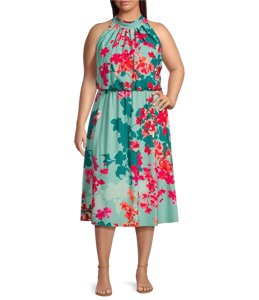 Adrianna Papell Plus Size Halter Neck Floral Print Blouson Midi Dress