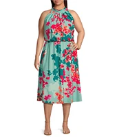 Adrianna Papell Plus Size Halter Neck Floral Print Blouson Midi Dress