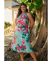 Adrianna Papell Plus Size Halter Neck Floral Print Blouson Midi Dress