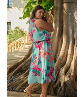 Adrianna Papell Plus Size Halter Neck Floral Print Blouson Midi Dress