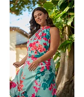 Adrianna Papell Plus Size Halter Neck Floral Print Blouson Midi Dress