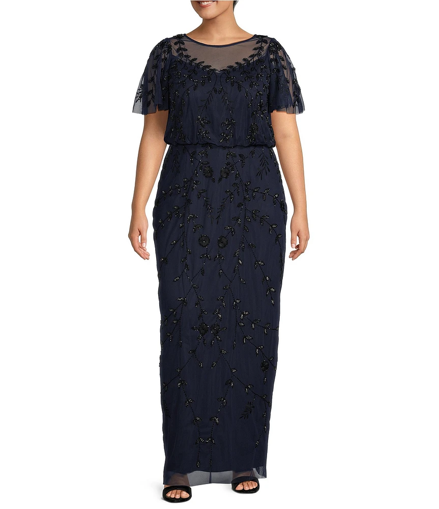 Adrianna Papell Plus Size Illusion Boat Neck Flutter Sleeve Beaded Mesh Blouson Column Dress