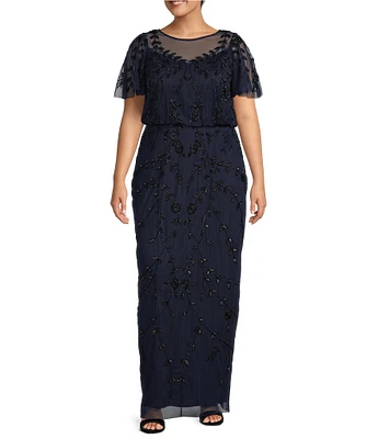 Adrianna Papell Plus Size Illusion Boat Neck Flutter Sleeve Beaded Mesh Blouson Column Dress