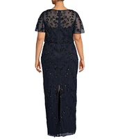 Adrianna Papell Plus Size Illusion Boat Neck Flutter Sleeve Beaded Mesh Blouson Column Dress