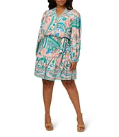Adrianna Papell Plus Size Long Sleeve Floral Printed Short Dress