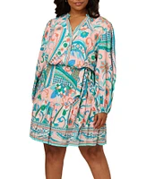 Adrianna Papell Plus Size Long Sleeve Floral Printed Short Dress