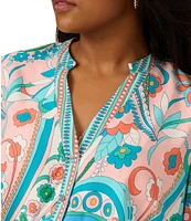 Adrianna Papell Plus Size Long Sleeve Floral Printed Short Dress