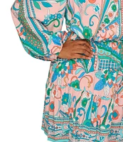 Adrianna Papell Plus Size Long Sleeve Floral Printed Short Dress