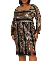 Adrianna Papell Plus Size Long Sleeve Square Neck Striped Beaded Mesh Sheath Dress