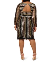 Adrianna Papell Plus Size Long Sleeve Square Neck Striped Beaded Mesh Sheath Dress