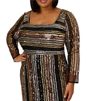 Adrianna Papell Plus Size Long Sleeve Square Neck Striped Beaded Mesh Sheath Dress