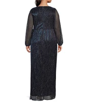 Adrianna Papell Plus Size Metallic Mesh Surplice V-Neck Long Sleeve Side Cascade A-Line Dress