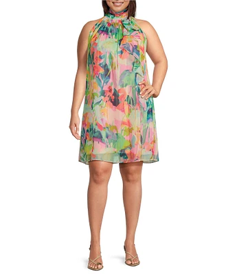 Adrianna Papell Plus Size Mock Neck Abstract Floral Chiffon Shift Dress
