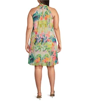 Adrianna Papell Plus Size Mock Neck Abstract Floral Chiffon Shift Dress