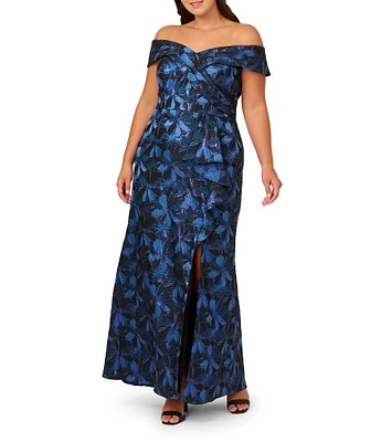 Adrianna Papell Plus Size Off-The-Shoulder Jacquard Sheath Gown